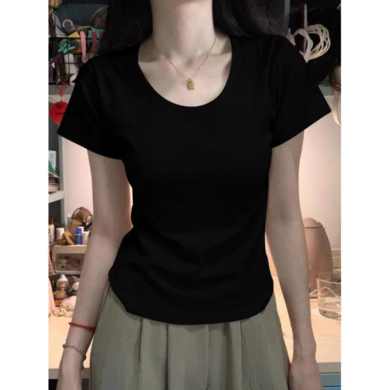 Milk Yellow Design Straight Shoulder Pure Cotton U-neck Short-sleeved T-shirt Women's Summer Spice Short Slim-fitting Waist Top