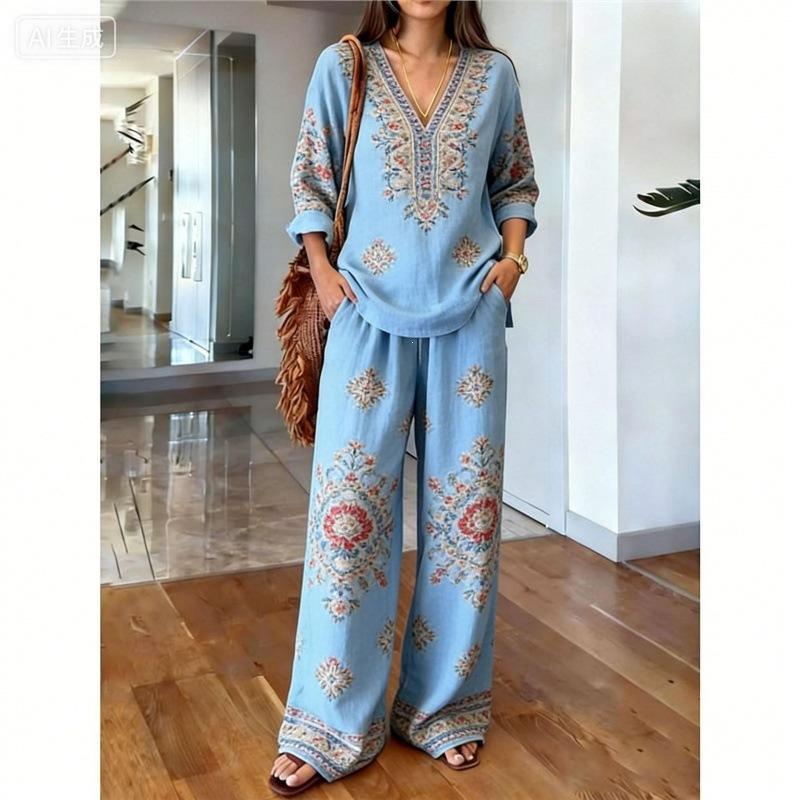 Gentle Temperament Printed Top Set, Classic Bohemian Pattern, Loose Wide-leg Pants for Summer Casual Wear