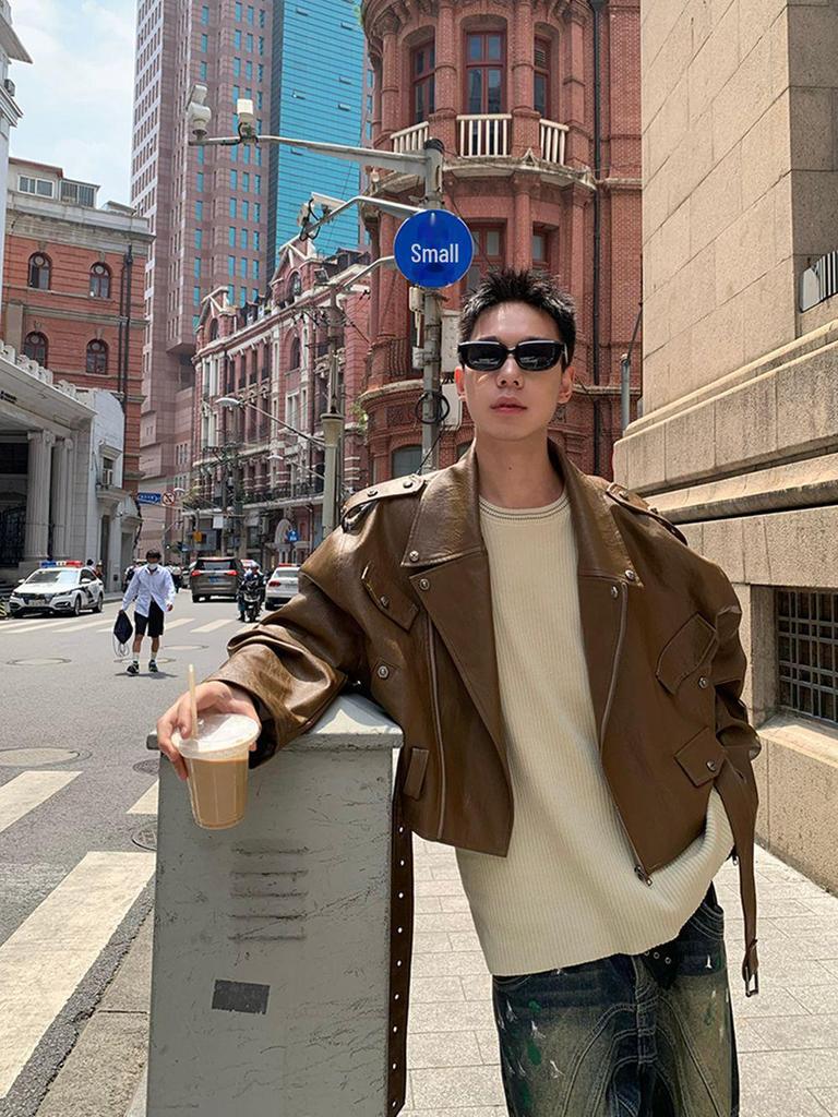 Maillard-Style Men's Rivet Motorcycle Leather Jacket - Trendy Autumn Short Coat