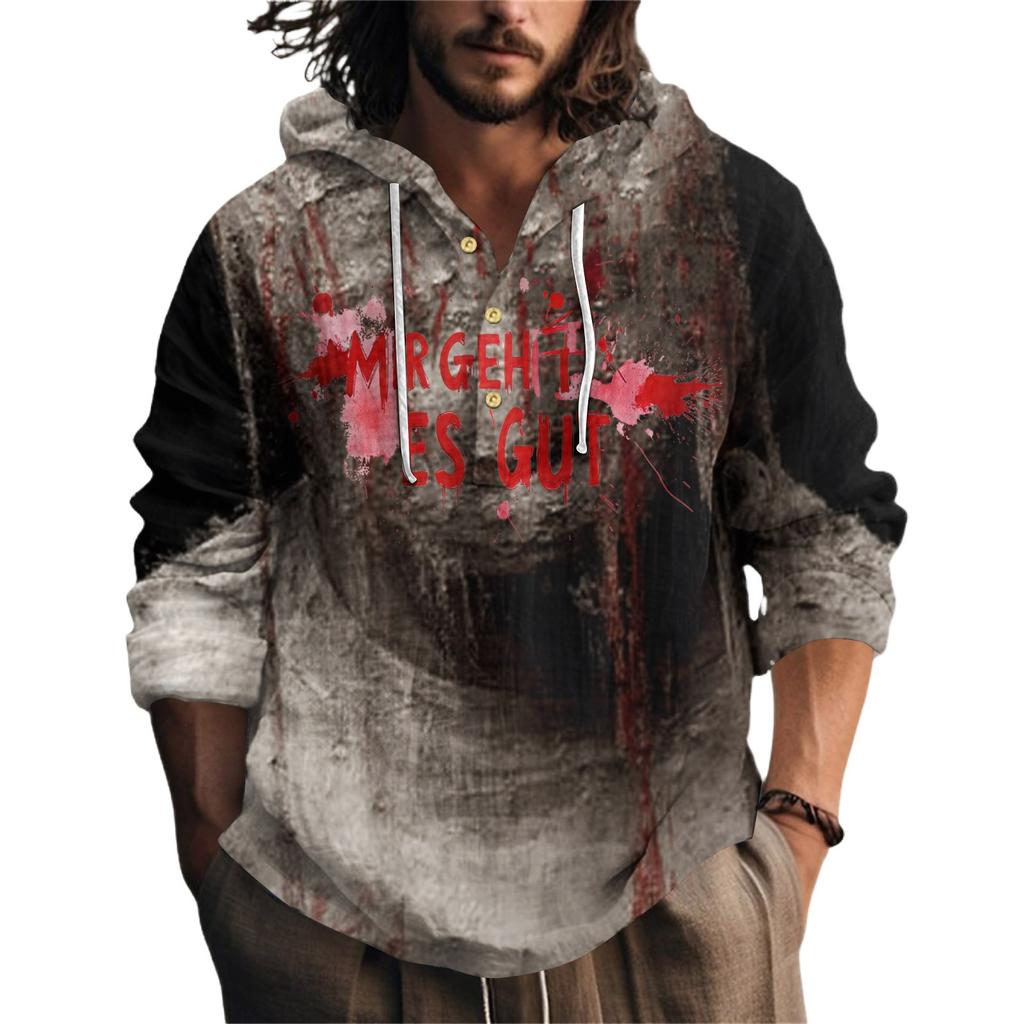Halloween Printed Men's Shirt, Hooded Long-sleeved Hooded Spring And Summer Casual Daily Wear
