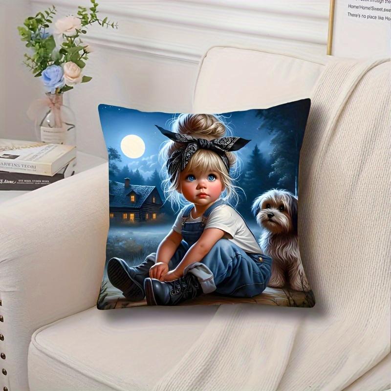 Charming Girl and Dog Pillowcase - Soft Plush Gift No Pillow Insert Night Scene Design for Kids Room Decor Unique Home Accessory