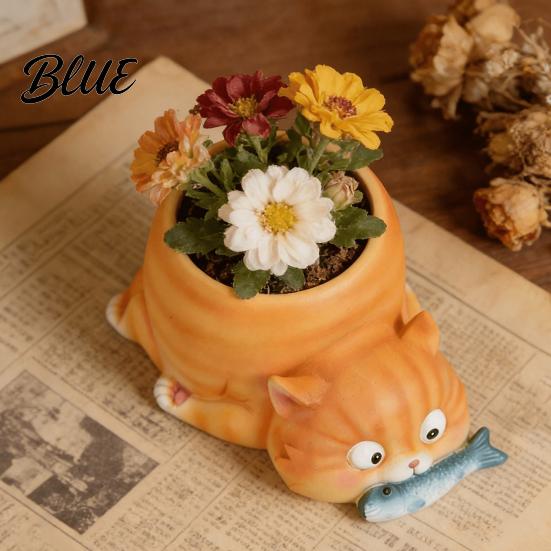 Langlebige Harz-Katzenfigur Pflanzgefäß Fressender Fisch Pflanzgefäß Niedriger Blumentopf mit Drainage Lustiger Kleiner Innenbehälter Corgi für Sukkulenten Pflanzen,