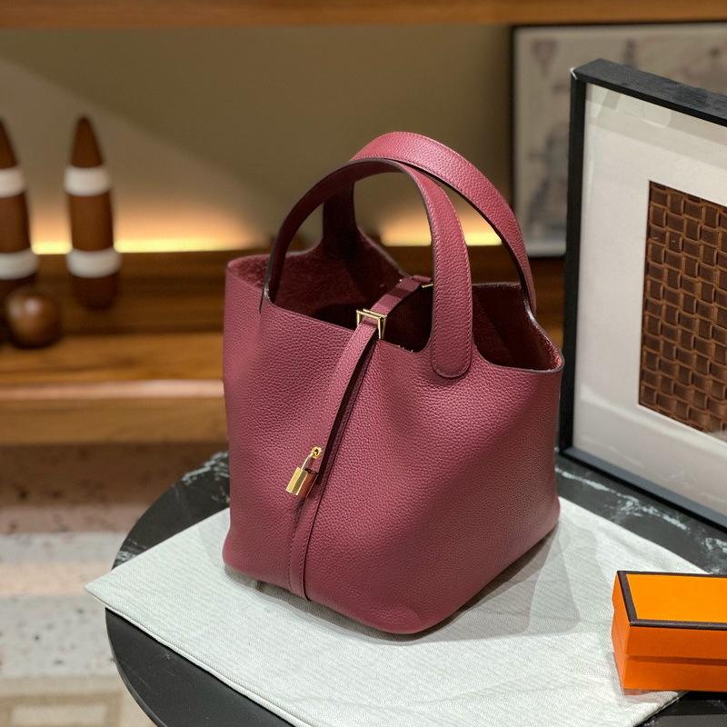 New Genuine Leather Women's Bag Head Layer Leather TOGO Leather 1822CM Vegetable Basket Handheld Bucket Bag Cross Border