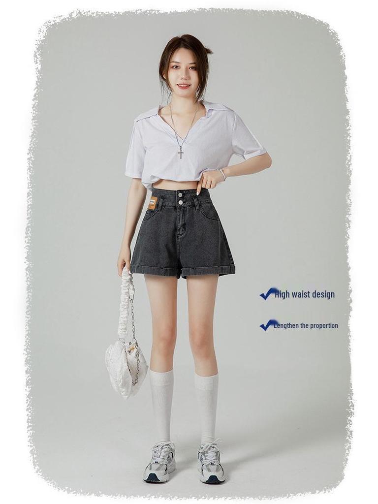 Women's High Waist Denim Shorts - Summer Thin Style, Double Button, Patchwork, Rolled Hem, A-line Wide Leg, Loose Fit, Slimming Hot Pants