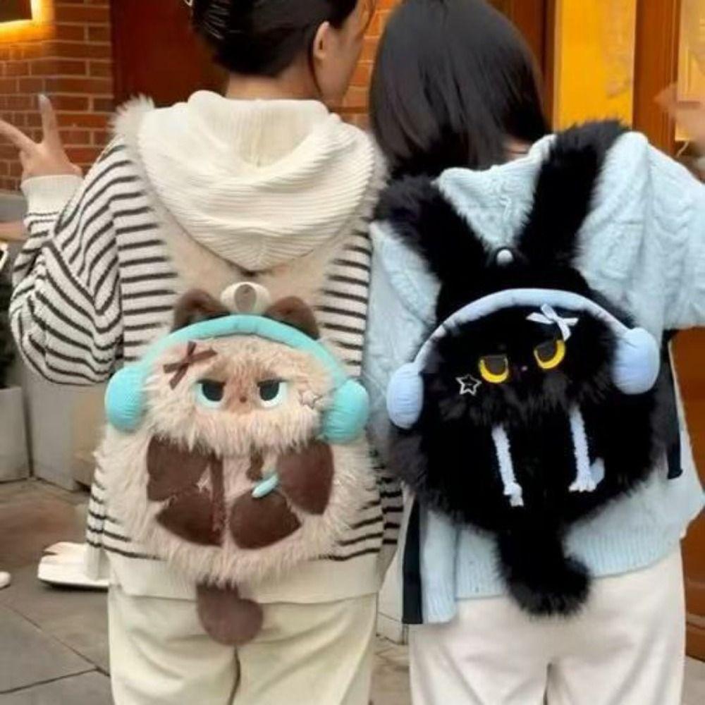 Headphone Siamese Cat Plush Backpack Kawaii Student School Bag  Casual Use