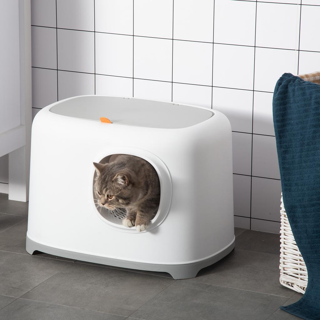 Cat Litter Box with Lid, Cat Toilet with Hood, Scoop, Grid Floor, XXL Cat Toilet for Cats up to 5 kg, 55 x 40 x 39 cm, White