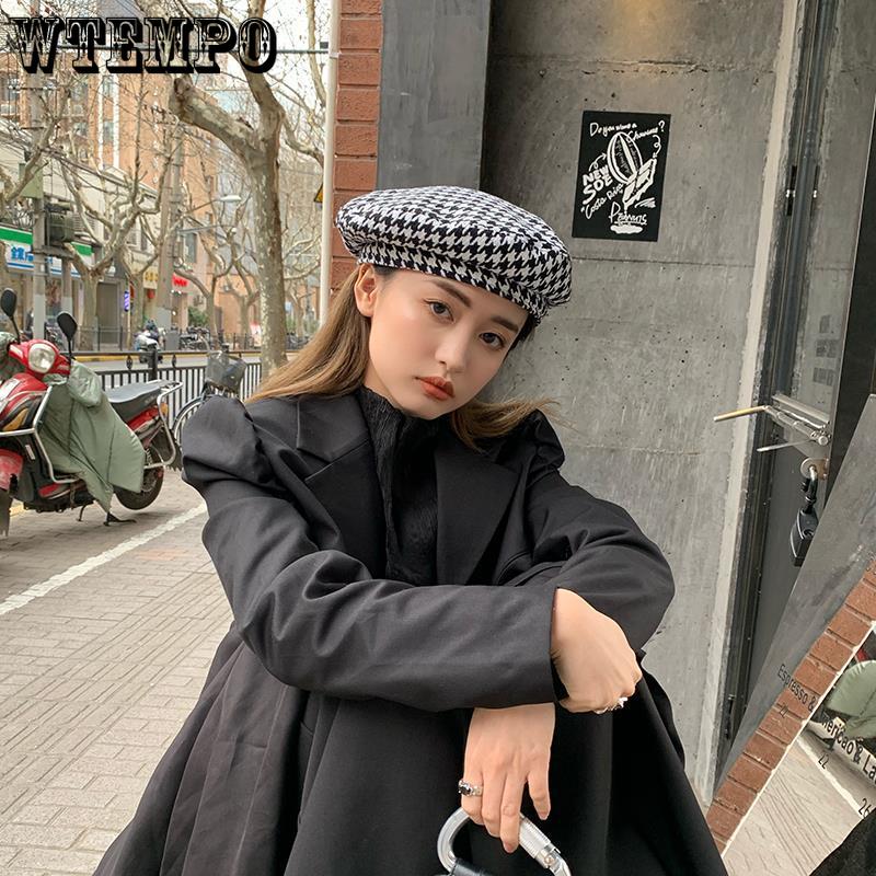 Autumn Winter Houndstooth Beret Hats for Ladies Casual British Flat Top Hat Elegant Wool Without Eaves Painter Hats