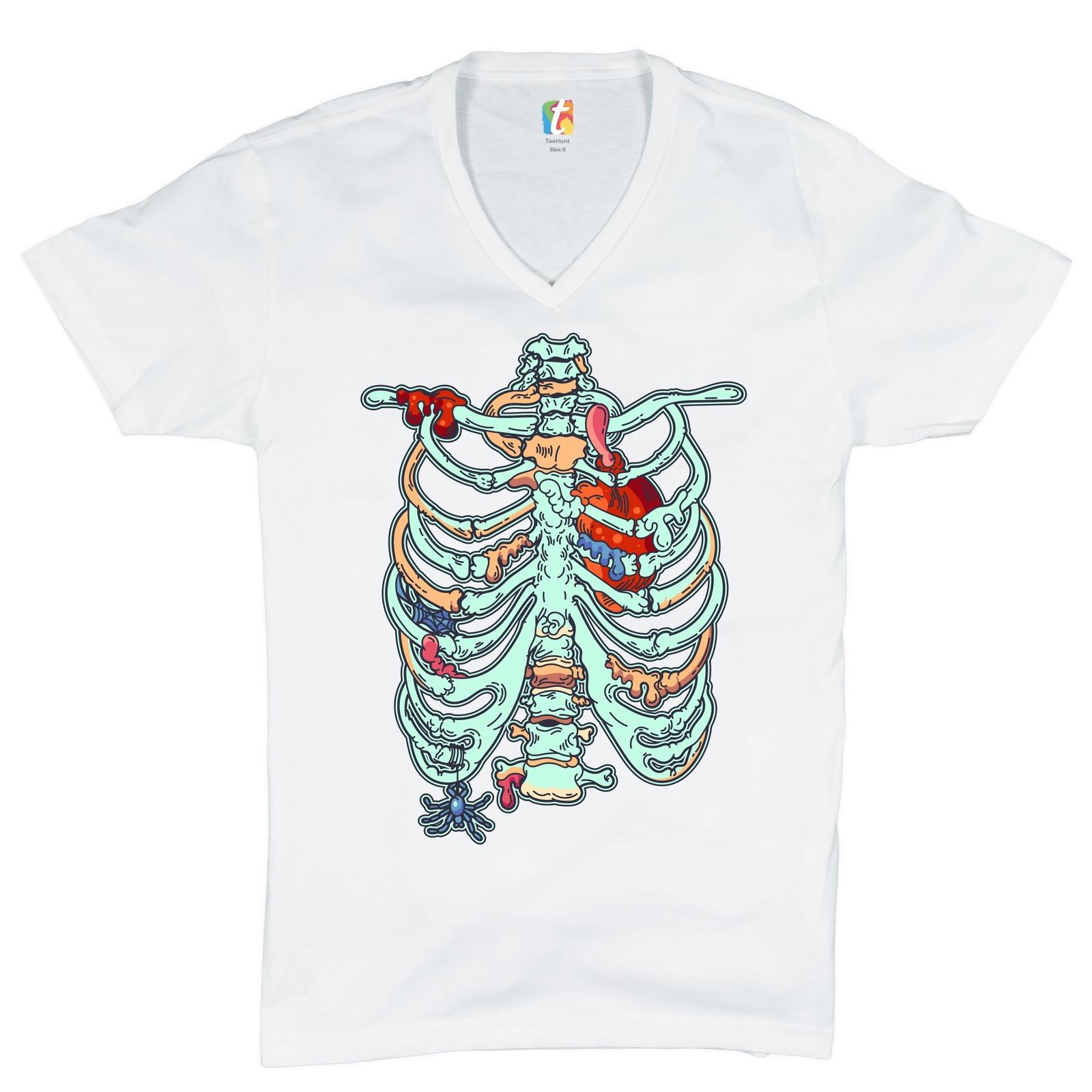 Zombie Rib Cage V-Neck T-shirt All Hallows Eve Spooky Halloween Skeleton Tee S