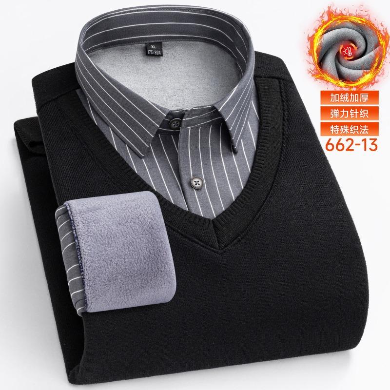 Fleece Fake Two-piece Men's Shirt Collar Middle-aged Elderly Casual Loose Bottoming Thickened Pullover Sweater