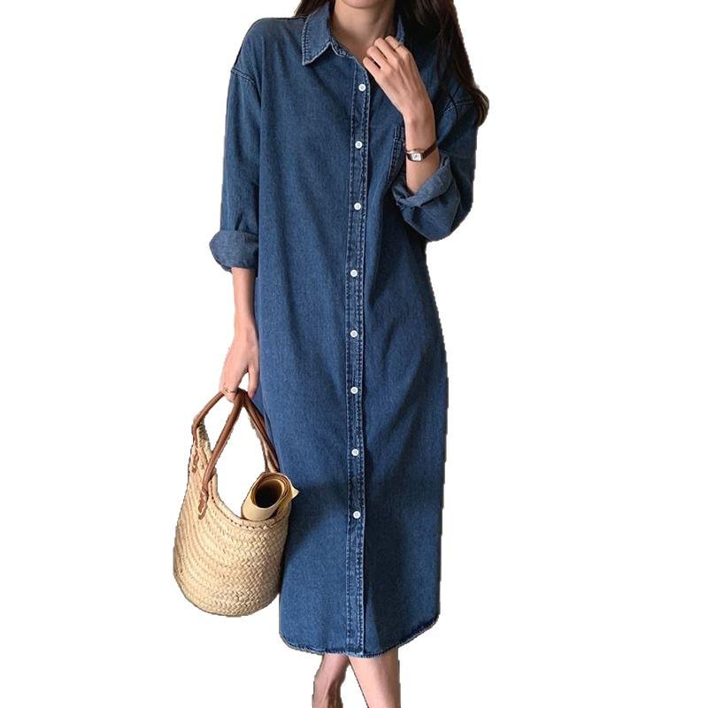 Korean Chic Denim Lapel Shirt Dress - Casual Long Sleeve, Loose Fit for Spring/Autumn Women