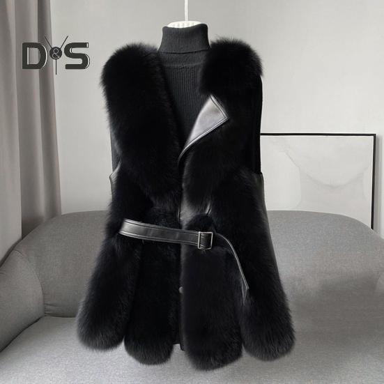 Women Winter Vest Coat Thick Fluffy Faux Fur Cozy Solid Color Sleeveless Button Closure Belt Decor Solid Color Windproof Faux Leather Patchwork Warm