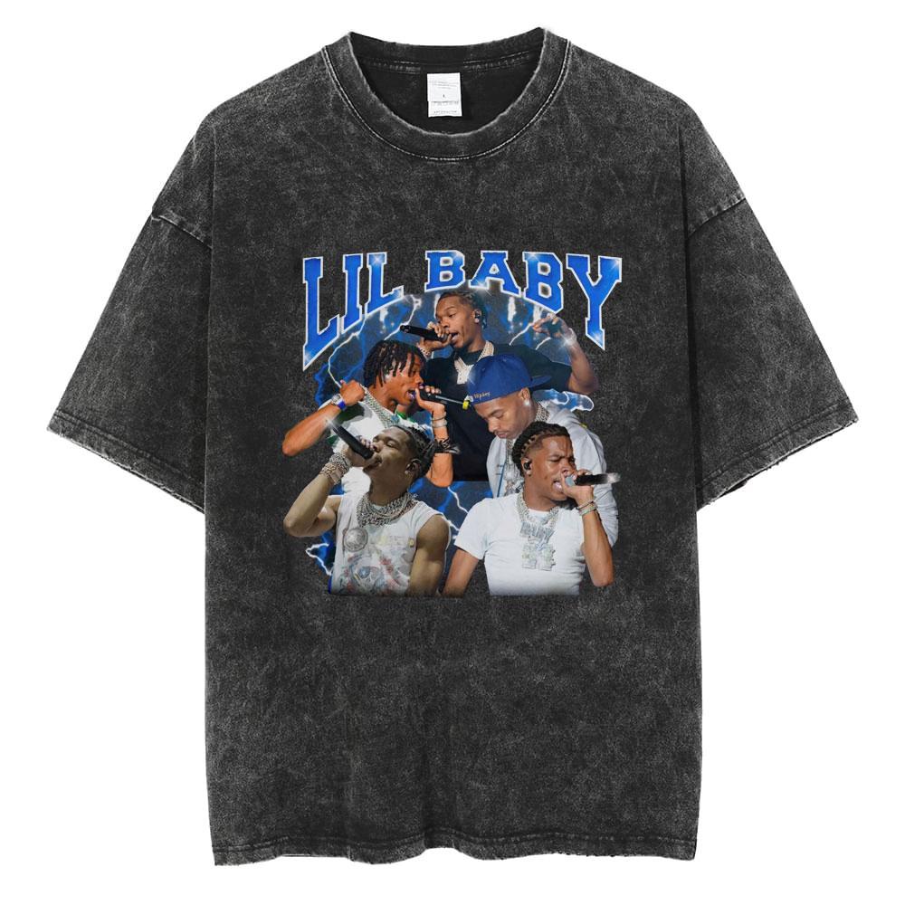 Hip Hop Rapper Wash Vintage Black Lil Baby T Shirt Unisexs Fashion Oversized Tee Short Sleeve Regular Male Tshirt Unisex Streetwear