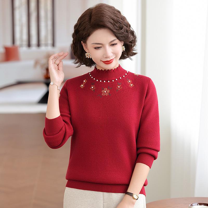 Fleece-Lined Red Winter Sweater for Mother's Zodiac Year - Mid-Aged Women's Half-High Collar Base Layer