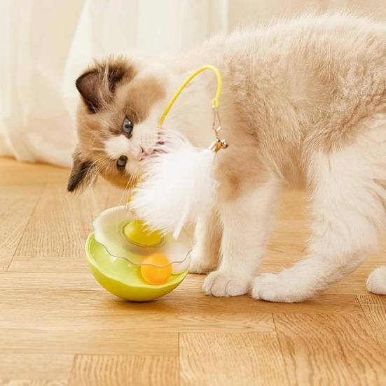Rocking Cat Toy Interactive Cat Exercise Tumbler with Balls Feather Cat Teaser Stick with 2 Bells for Cat Mental Stimulation Anxiety Relief