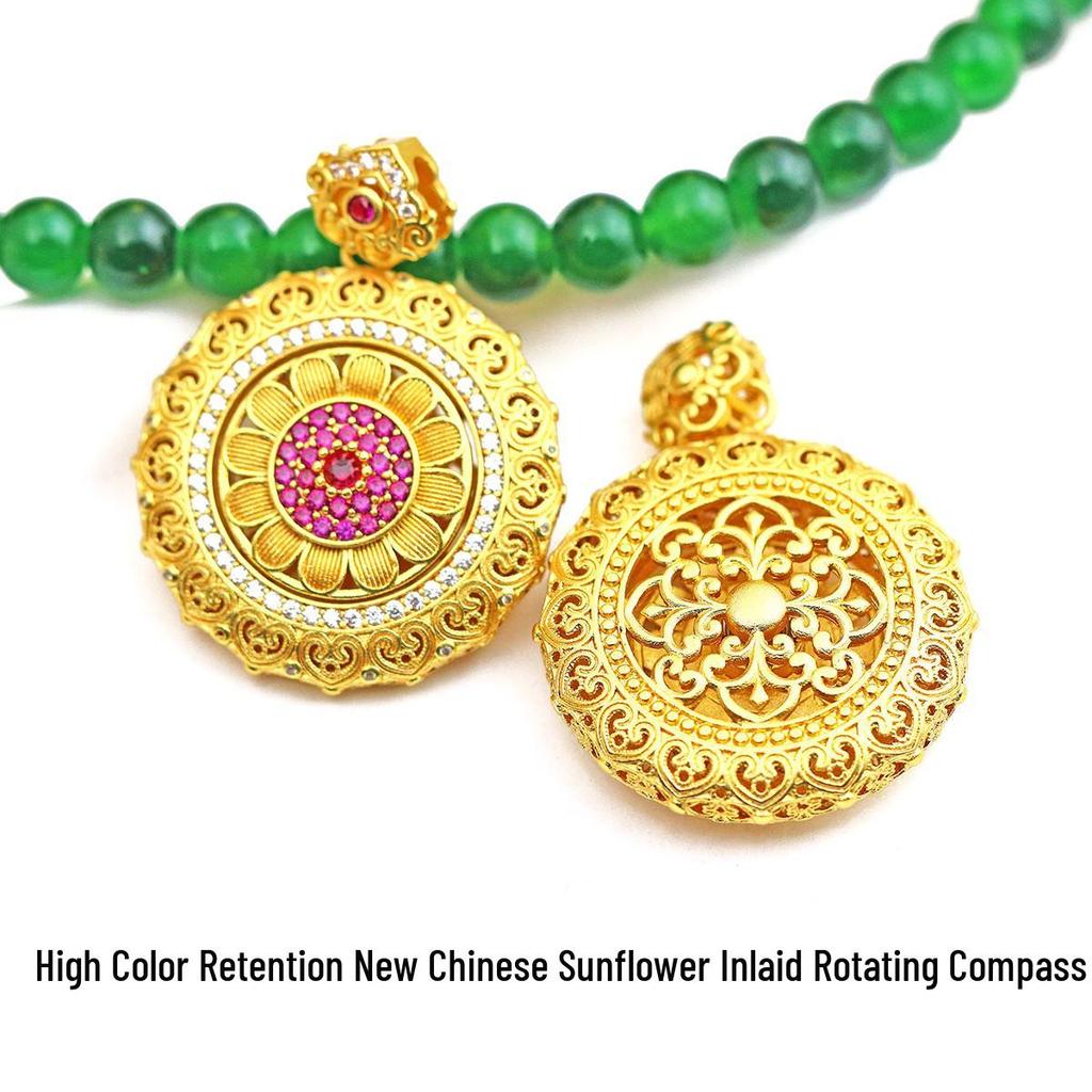 Chinese Style Gold & Zircon Sunflower Compass Necklace/Keychain Accessory