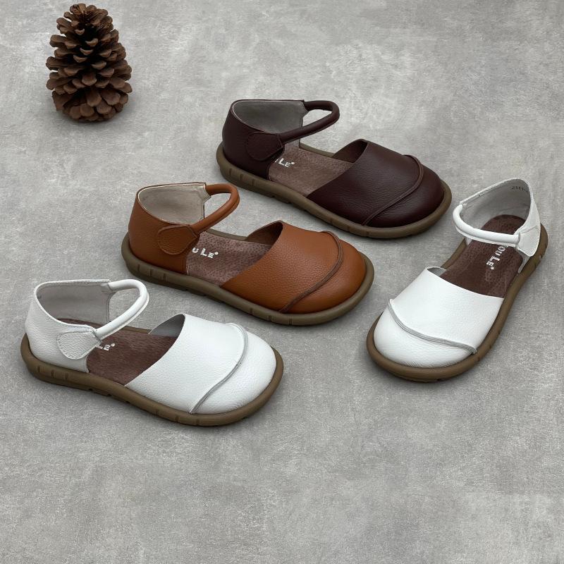 Johnature Sandálias rasteiras retrô artesanais de couro genuíno, casuais, versáteis, confortáveis, sola macia, sapatos femininos