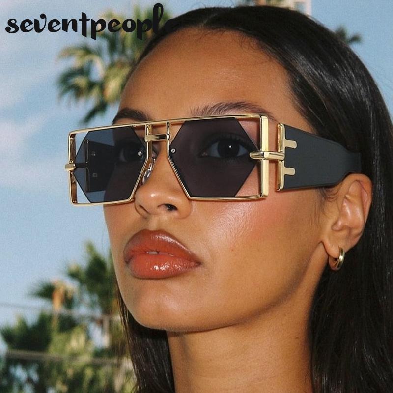 Vintage Punk Rectangle Sunglasses Women New  Luxury Brand Trendy Hollow Hexagon Lenses Double Beam Shades For Ladies UV400