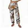 Women Casual Loose Fit Wide Leg Button Front Printed Pattern Long Pants with Adjustable Waist Drawstring and Side Pockets