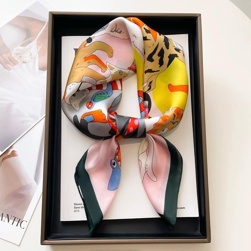 Luxury Brand 2024 Silk Square Scarf Women Cat Neck Hair Tie Band Beach Hijab Kerchief Head Headbands Bandana Female Foulard 70cm