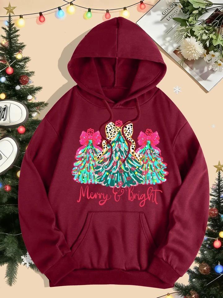 Merry Christmas Colorful Tree Women's Hoodie with Pockets - Comfy Hooded Sweatshirt for Autumn & Winter