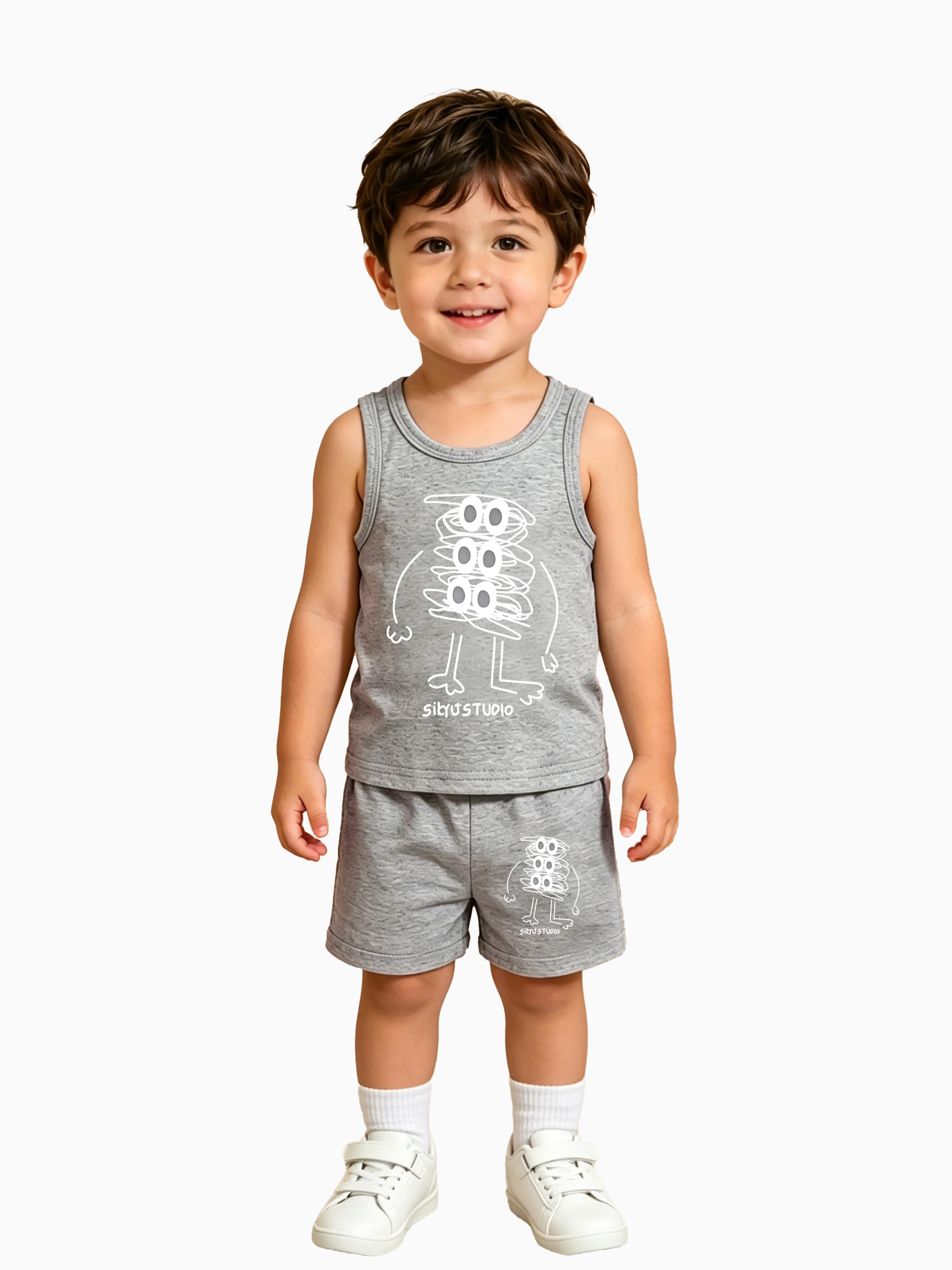 Boys Summer Cartoon Monster Printed Sleeveless Tank Top & Shorts 2 Piece Set, Casual Loungewear 6-9M серый
