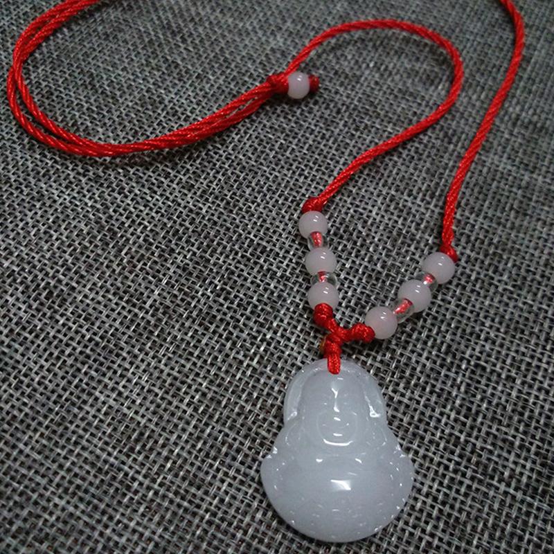 Buddhist White Jade Hand Woven Pendant Necklace Lotus Guanyin Buddha Long Life Lock Pendant Lucky Necklace