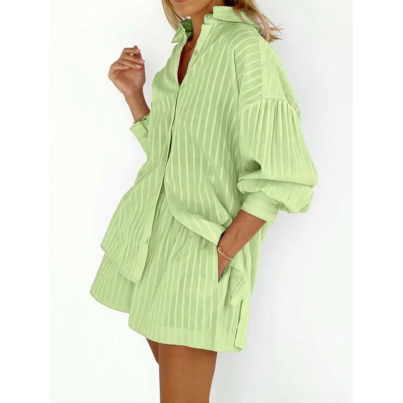 

Striped Bubble Sleeve Shorts Casualset Stripe Puff sleeve Shorts Leisure Set green M