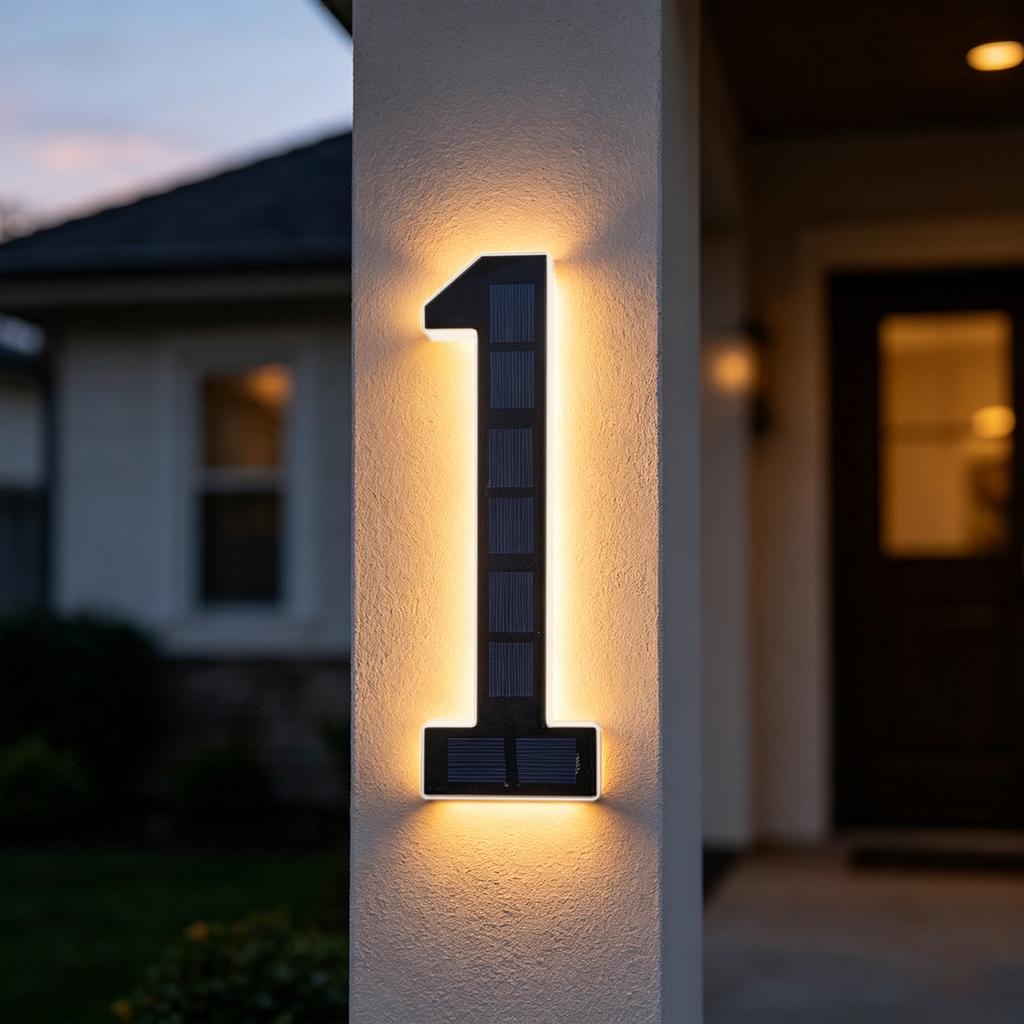 LED Solar House Number Light, IP44 Waterproof Outdoor Glowing Address Signs, Illuminated Address Plaque for Home Hotel Office