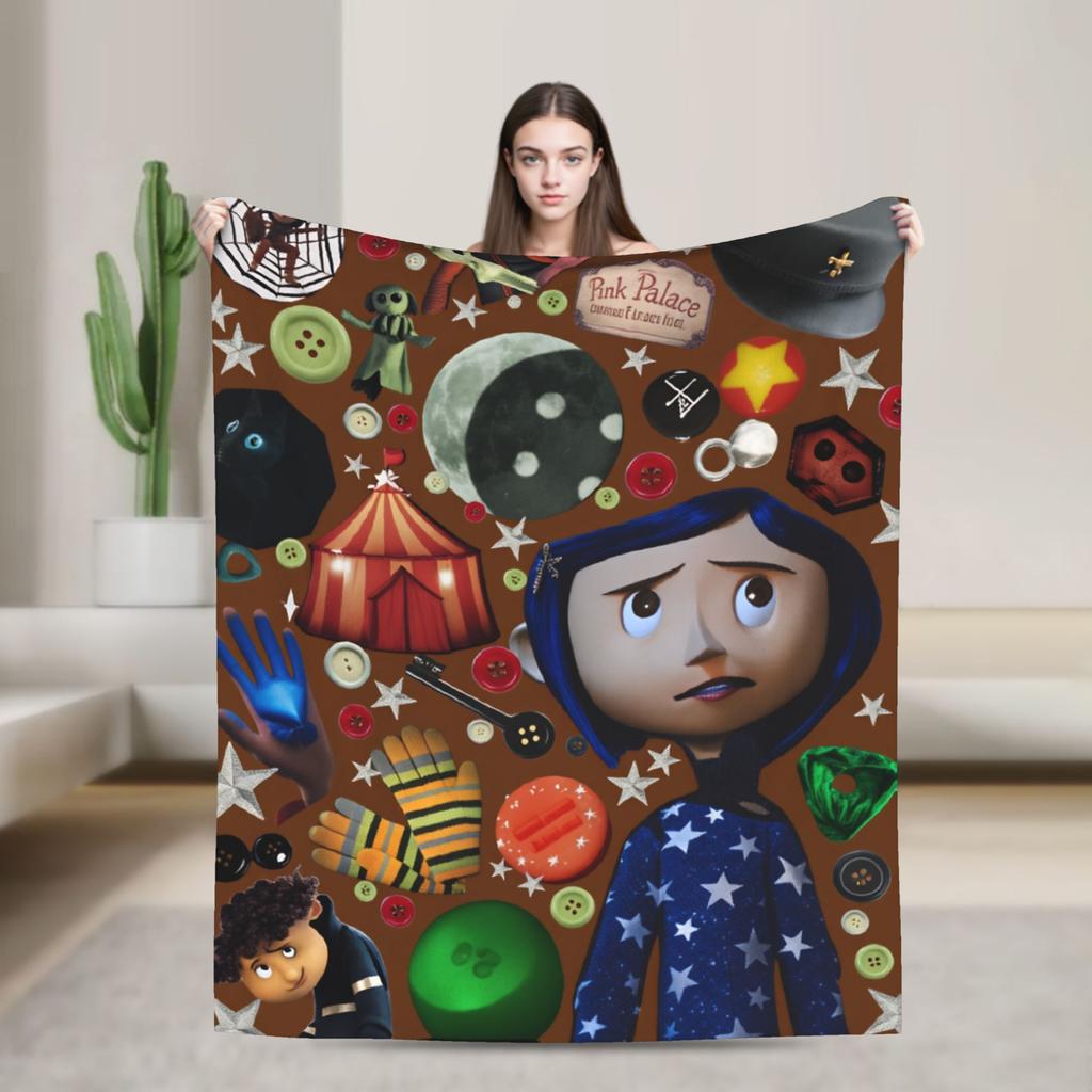 Coralines Animated Movie Blanket  Travel Flannel Throw Blanket For Living Room Warm Soft Custom DIY Quality Bedspread Gift Idea