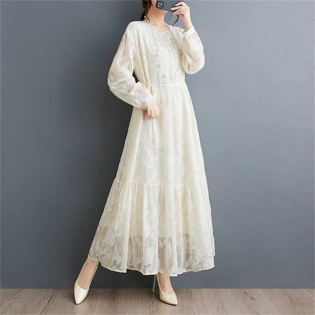 Maxi Lang Lang Anlege Runde Lange Maxi Midi Locker Festes Netz Elegant und Stilvoll Einheitsgröße Passt [Mouhoukyo] Damenkleid, Ärmel, Kleid, Kleid, Hals,