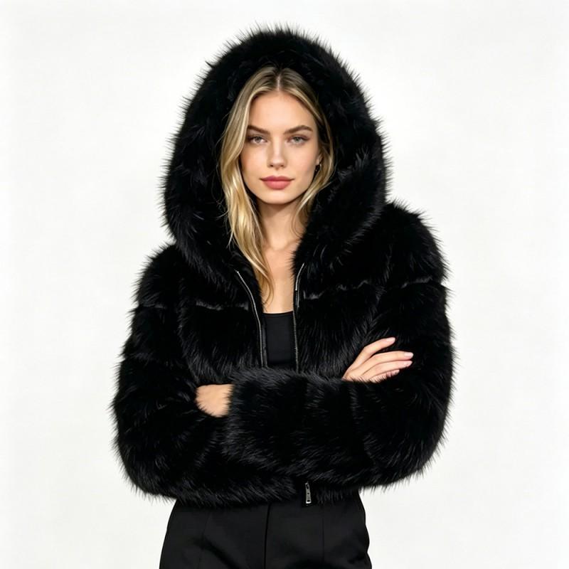 Womens Short Faux Fur Coat Stylish Fluffy Jacket Hooded Long Sleeve 25-29 Years Old