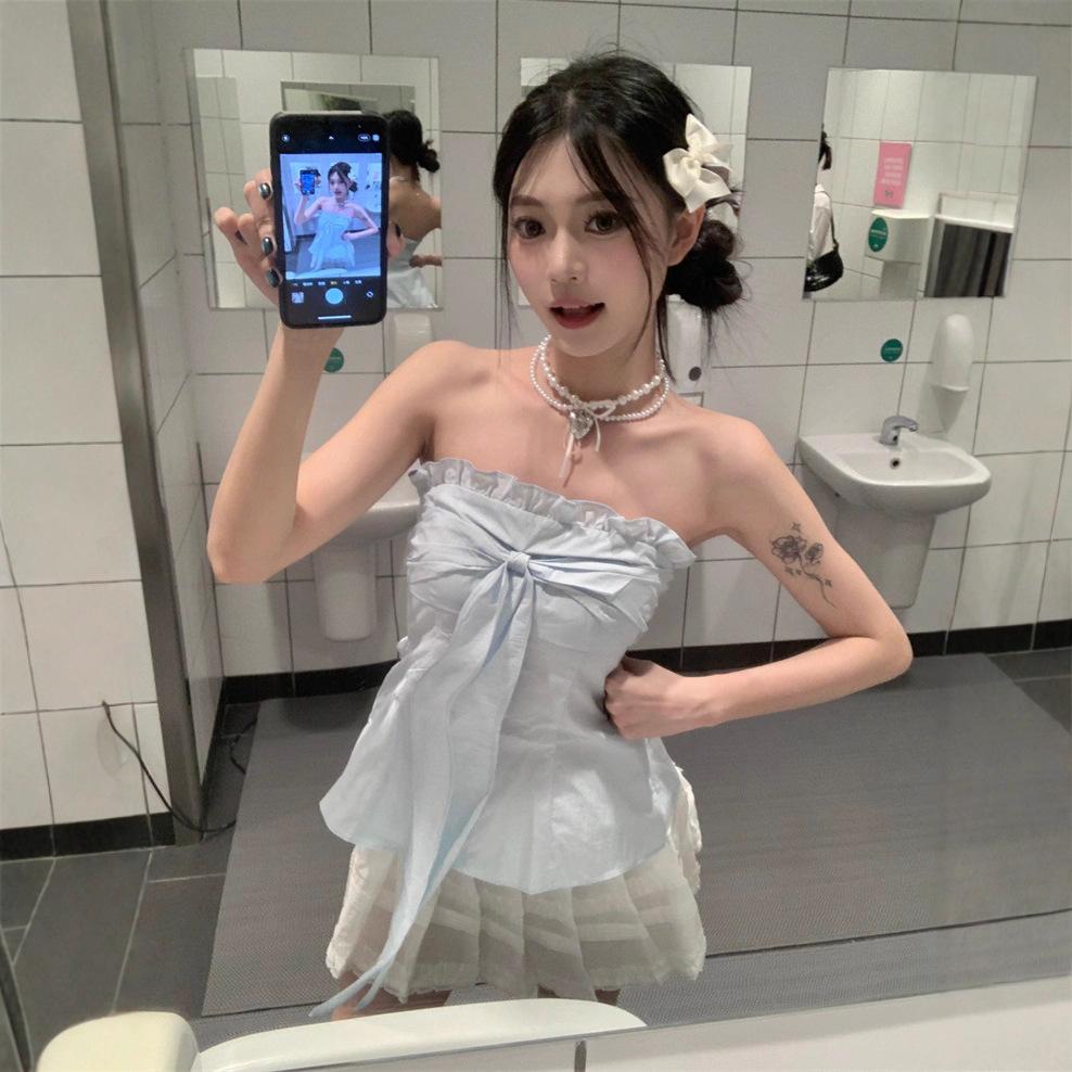 Design Fungus Edge Lace-up Tube Top Women's Clothing Summer Niche Age-reducing Waist and Thin Sleeveless Pure Desire Top