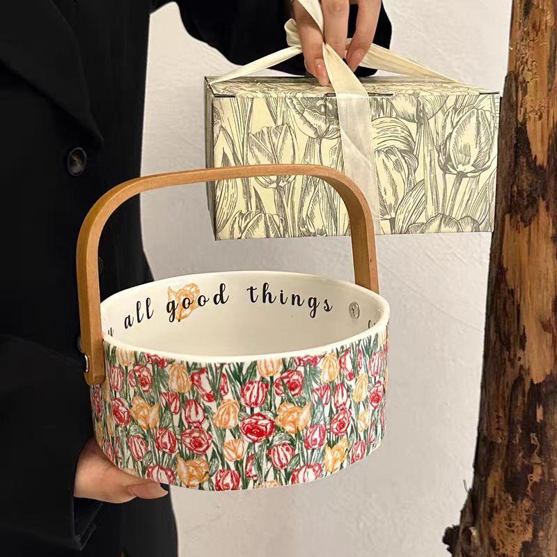Design Retro Oil Painting Tulip Portable Fruit Basket Living Room Practical Fruit Plate Ceramic Snack Plate Souvenir Gift 800ml