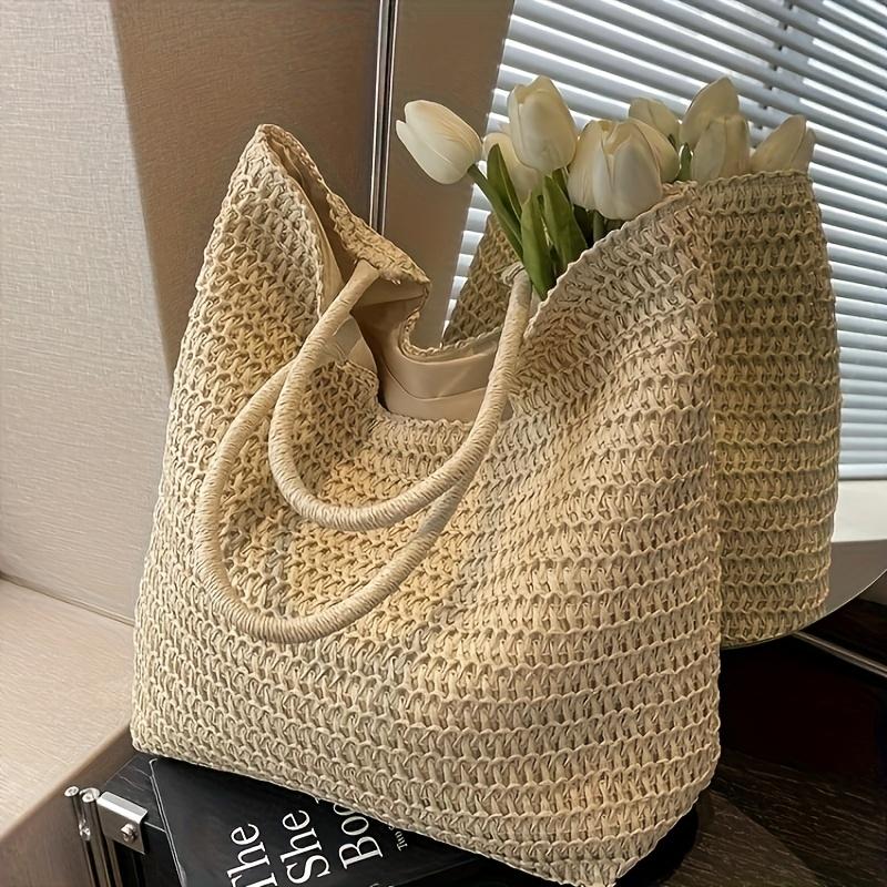 Chic Large Capacity Paper Woven Straw Tote Handbag for Women, Summer Woven Beach Shoulder Bag with Zip Closure