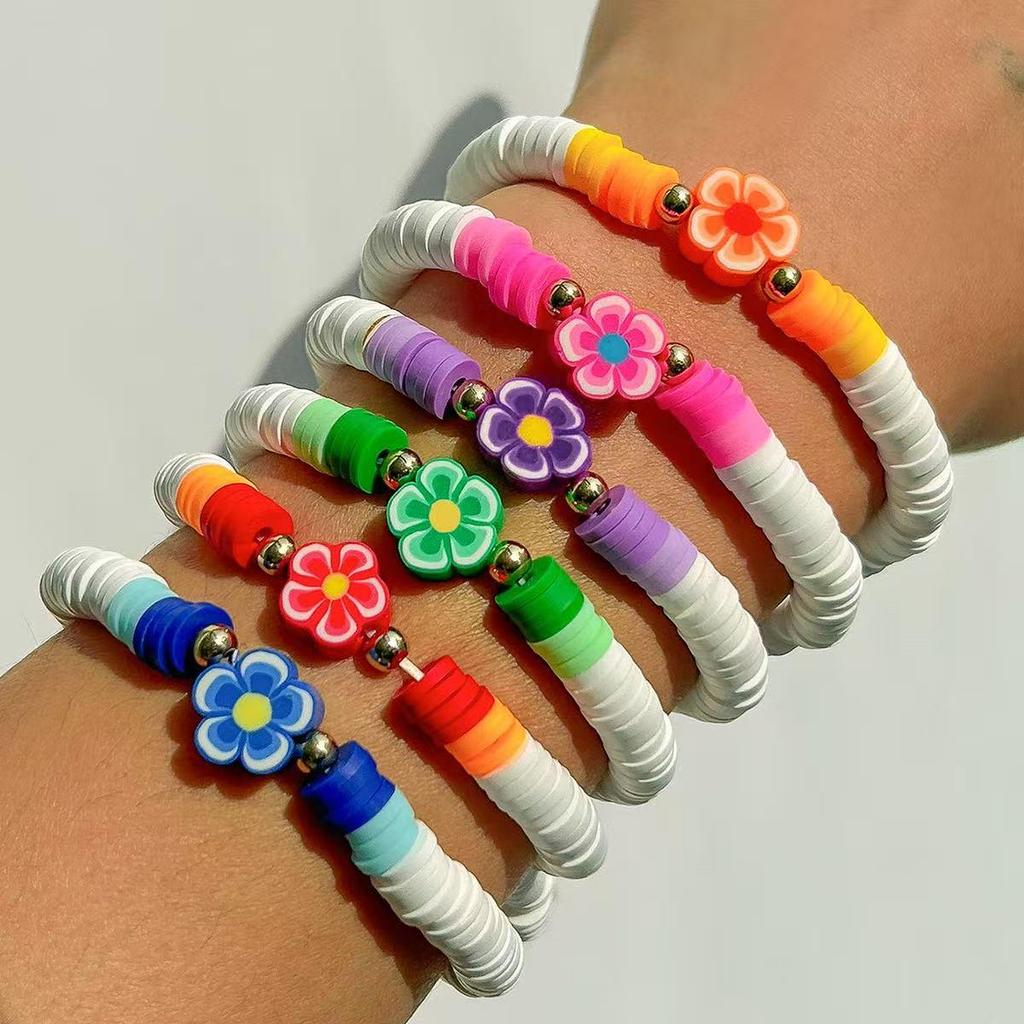 Bohemian Colorful Floral Polymer Clay Elastic Bracelet Set