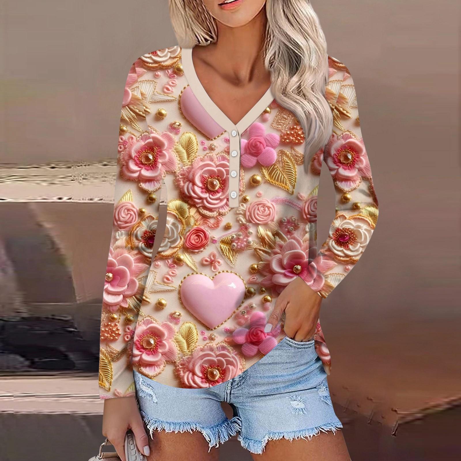 

Женский модный повседневный топ с длинным рукавом и V-образным вырезом на пуговицах ко Дню святого Валентина с принтом в виде сердца XXXL хаки