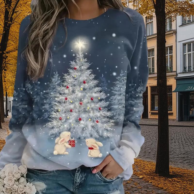 

Осенне-весенняя одежда Рождественская елка под уличными фонарями Принт свитер Топы для женщин Круглый вырез Длинный рукав XL серый
