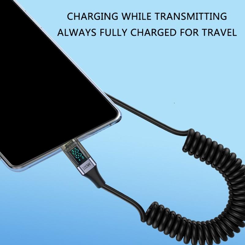 USB Typ C Federdatenkabel 90-Grad-Winkelstück PD100W Schnellladekabel mit Digitalanzeige für Laptops Tablets Telefone