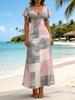 Women Modern Elegant Casual Fashion Short Sleeve Dress Abstract Brushstroke Patchwork Print Pink and Gray Color Maxi Dress Female Clothing