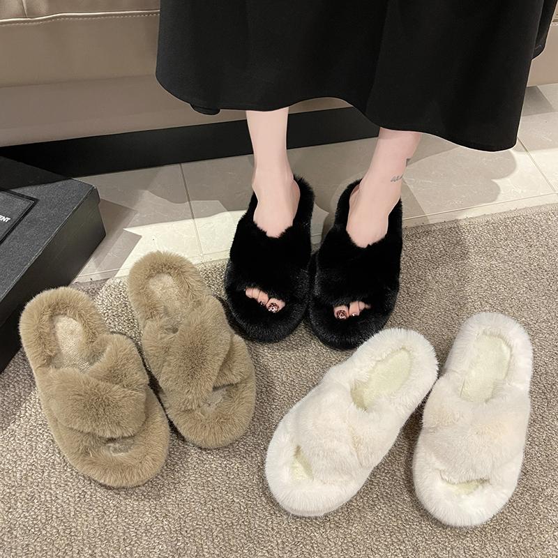 Fashion Aphixta Black Faux Fur 10cm Wedge Heels Slippers Women Winter Mulers Furry Warm Soft Shoe Cross Strap Clog Slides Sexy Shoes