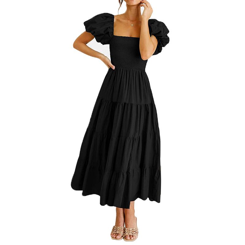 2023 Cross-border Eaby Amazon Popular Women's Clothing Sun Dress Square Neck Bubble Sleeve Dress Shrink Pleated Pendulum Skirt
