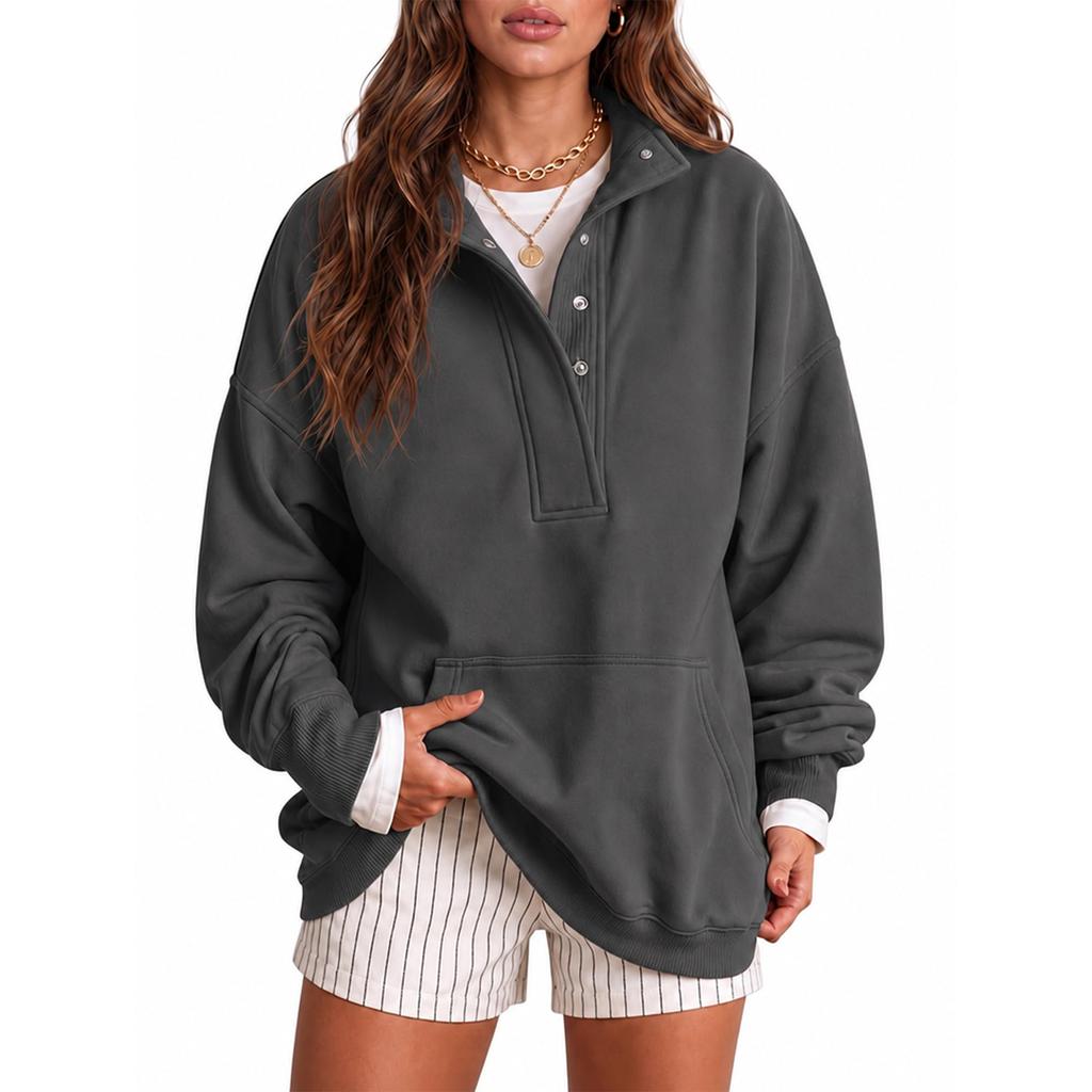 Women's Loose Fit Sweatshirt Button Pullover with Pockets