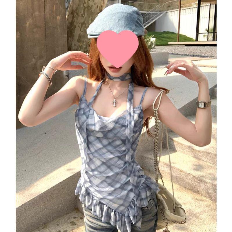 Корейский шикарный клетчатый топ-камзол с оборками и лентами – Женский летний топ без рукавов One Size