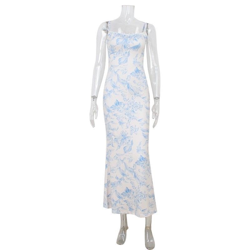 Amazon Cross-Border New Women Clothes Sling Print Backless Elegant Temperament Sexy Sheath Dating Long Dress