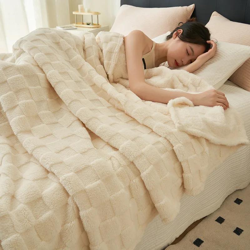 Manta de Viaje Gruesa Cálida de Forro Polar Suave Felpa Color Sólido Manta para Sofá Cómoda Textura Cuadrada Manta de Cama Uso en el Hogar