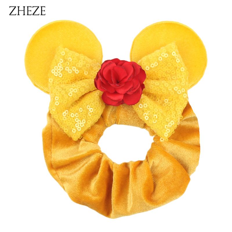 New Disney Mouse Ears Scrunchies Hairband Girl Ponytail Holder For Women Sequins Bows Headband  Women Trip DIY Accessories