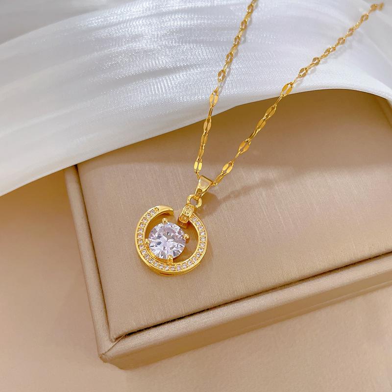 Zircon Moon Light Luxury Temperament Gorgeous Full Diamond Necklace Female Versatile Collarbone Chain Titanium Steel Chain