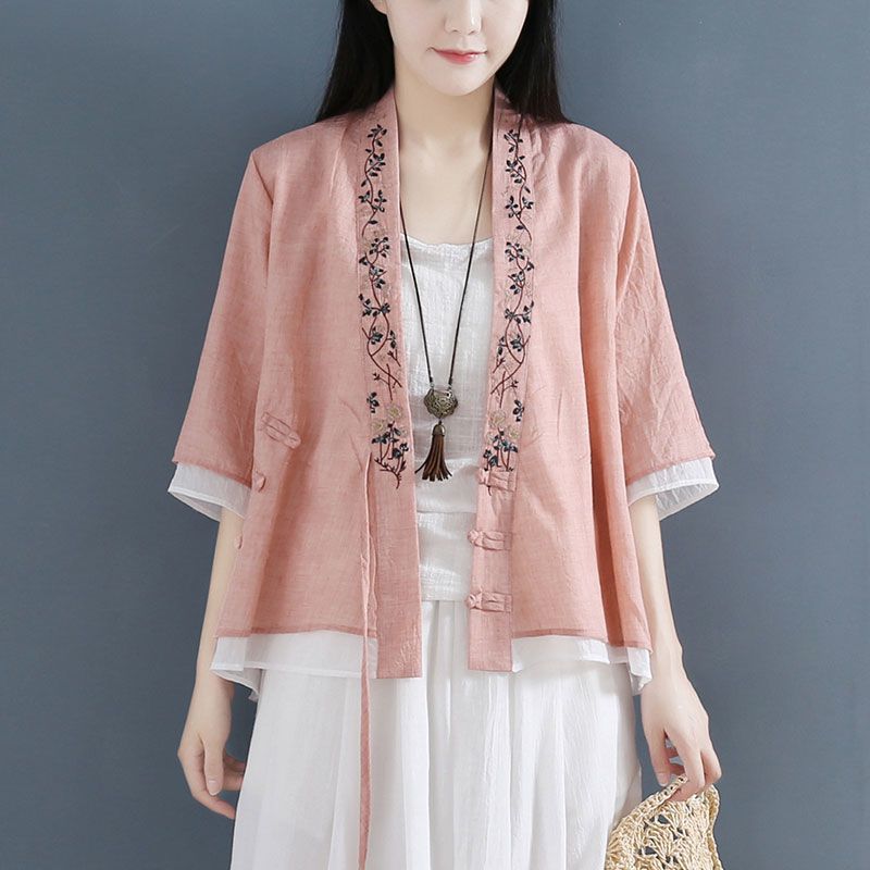 Summer Ethnic Style Retro Hanfu Cotton and Linen Shirt Women's Stitching Fake Two-piece Three-quarter Sleeve Embroidered Plate Button Top