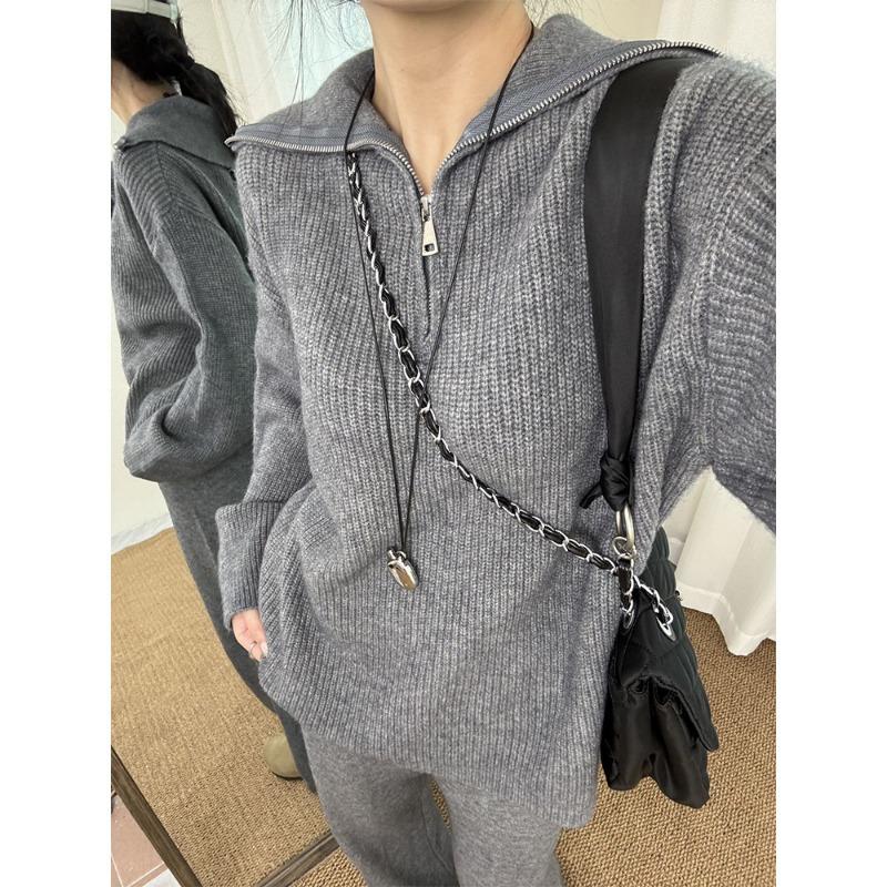 Casual Knitted Sweater Two-piece Set Autumn and Winter New Lapel Half Zipper Large Size Sweater Set Women
