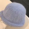 Polyester Warm Winter Bucket Hat Rabbit Fur Blend Rolled Brim Hat Fuzzy Fisherman Hat  Cold Weather